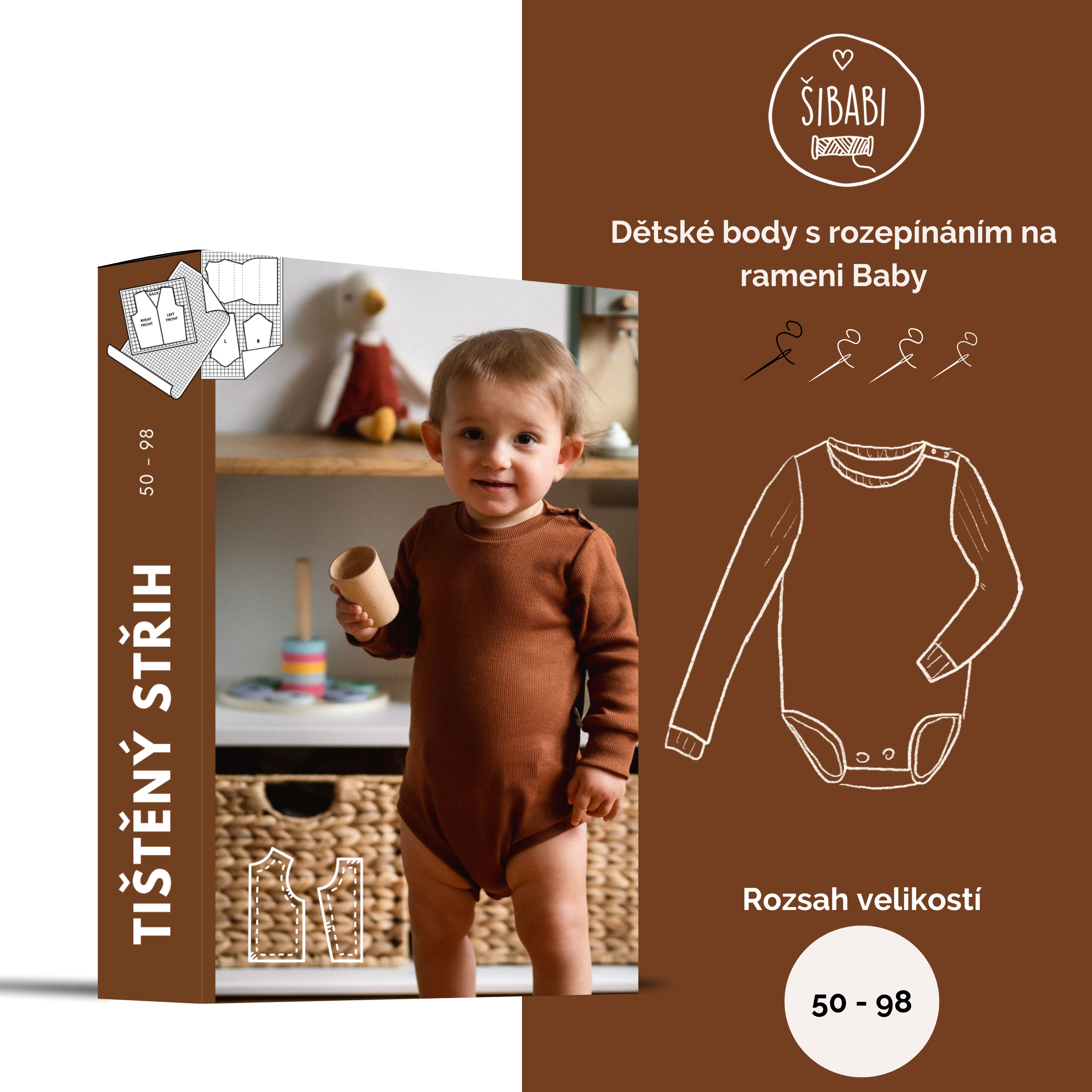 Papírový střih na dětské body s rozepínáním na rameni "Baby" 50 - 98