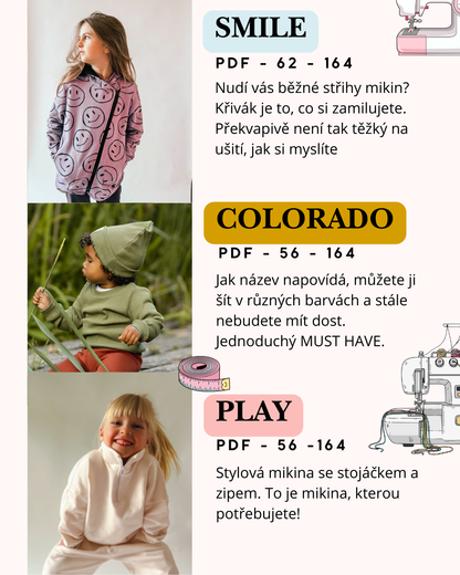 Balíček střihů 6 x střih na dětskou mikinu s videonávody na ušití📹