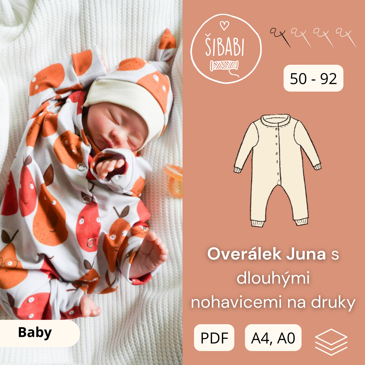 PDF střih na overal pro miminko s dlouhými rukávy a nohavicemi "Juna Baby" - 50 -92