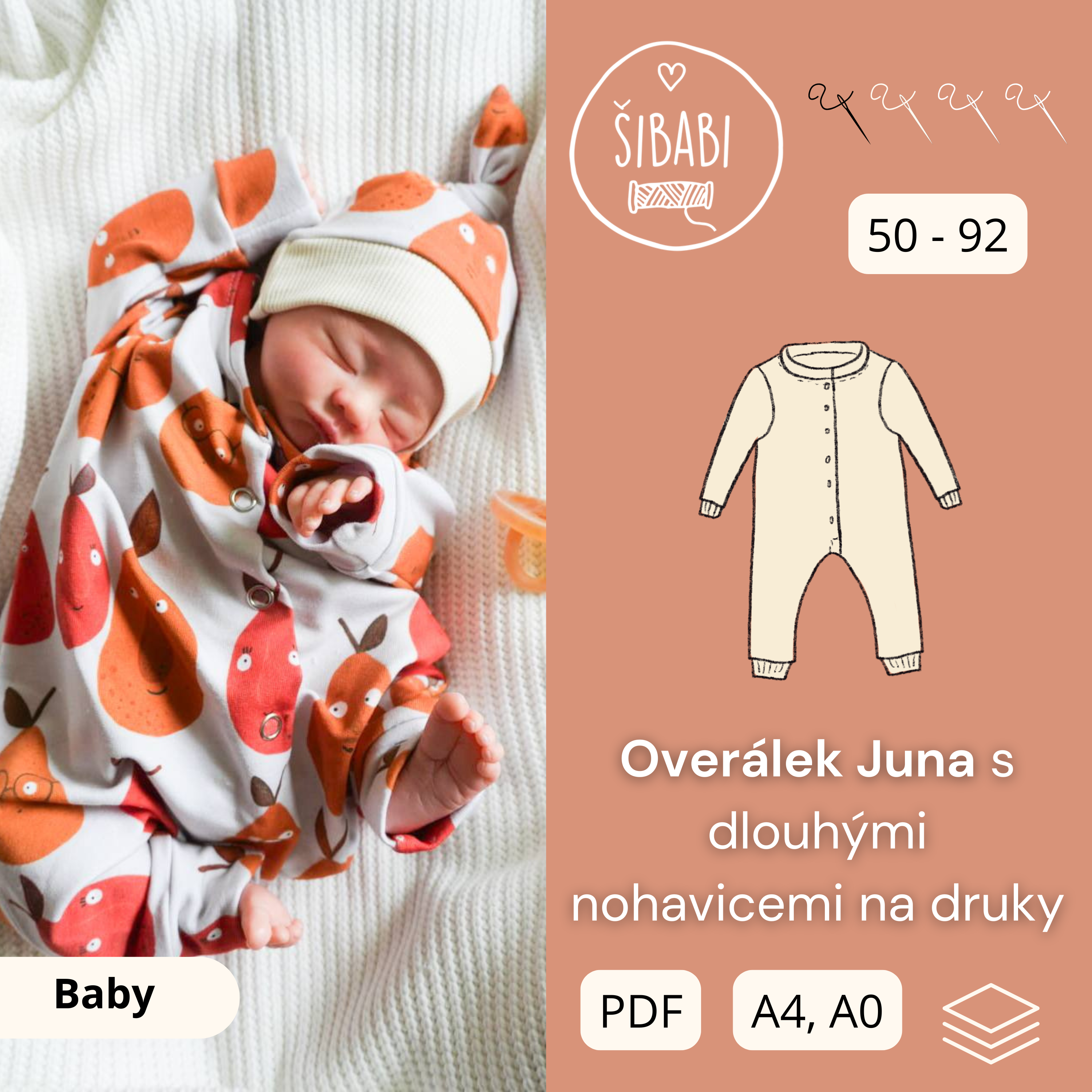 PDF střih na overal pro miminko s dlouhými rukávy a nohavicemi "Juna Baby" - 50 -92