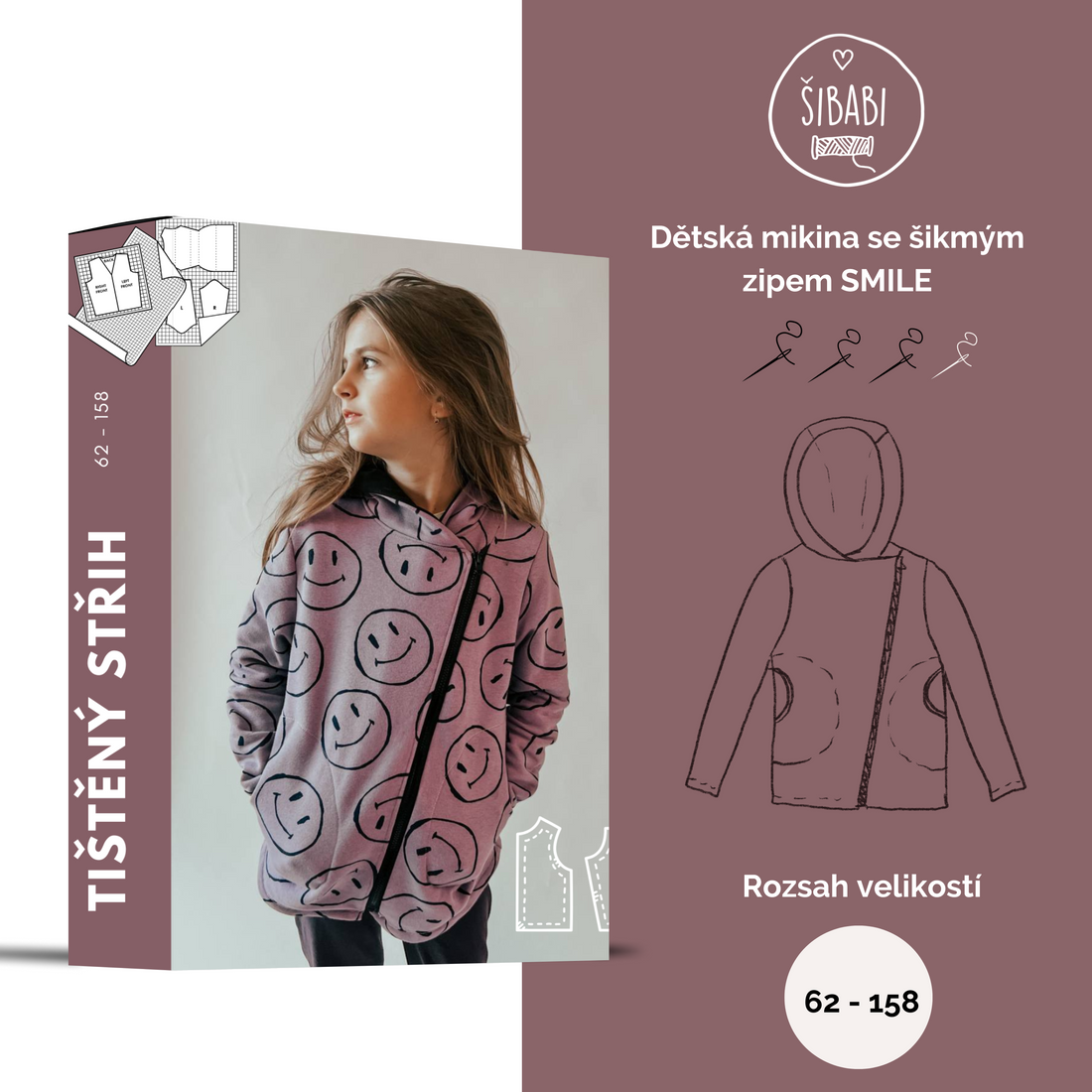 Papírový střih na dětskou mikinu se šikmým zipem "Smile" - 62 - 158